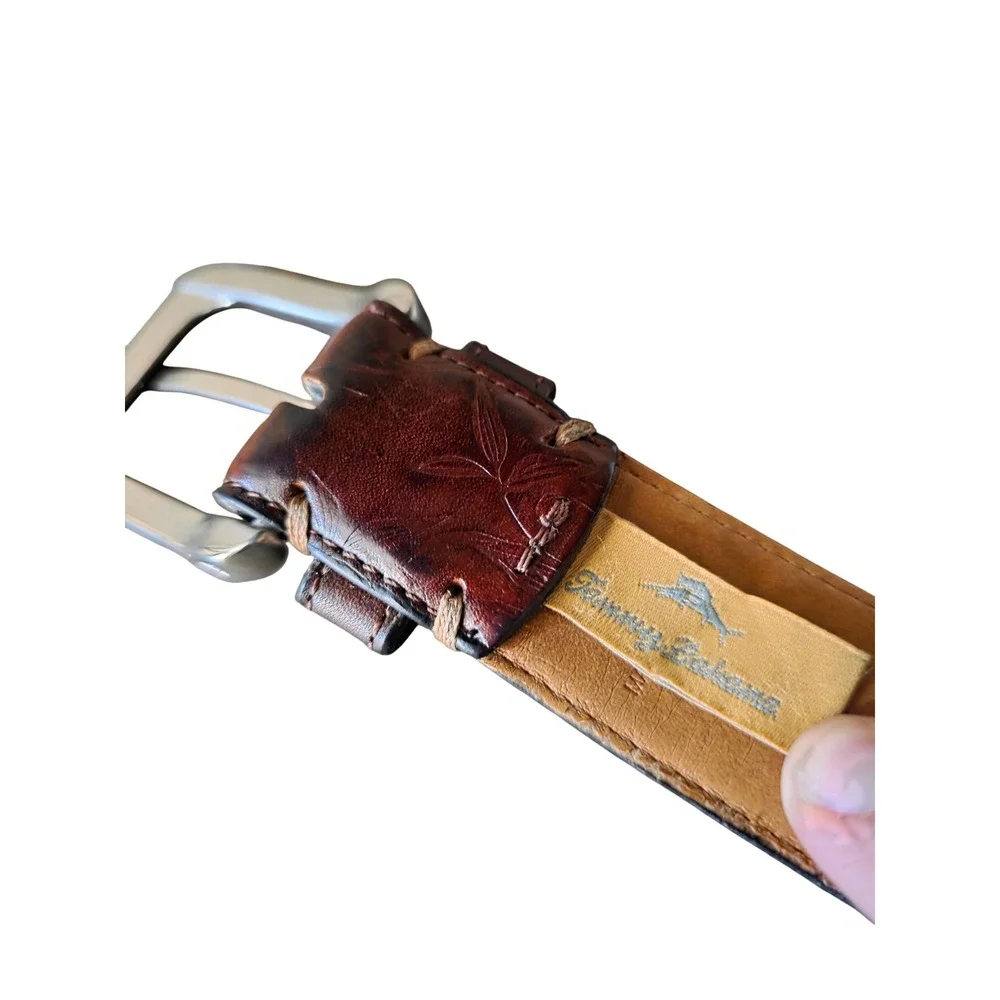 Tommy Bahama Mens Brown Leather Embossed Leaf Belt 90s Y2K Square Buckle 38-40 L